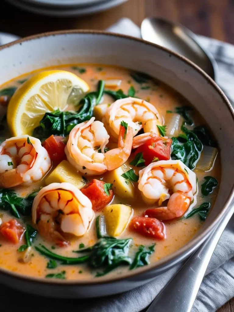 a bowl of shrimp soup with spinach and potatoes on a wooden table. the soup includes cooked shrimp, diced potatoes, spinach leaves, and tomatoes in a creamy broth. a lemon slice is visible. a spoon is blurred in the background. a light cloth is visible. the bowl is speckled and has a dark rim