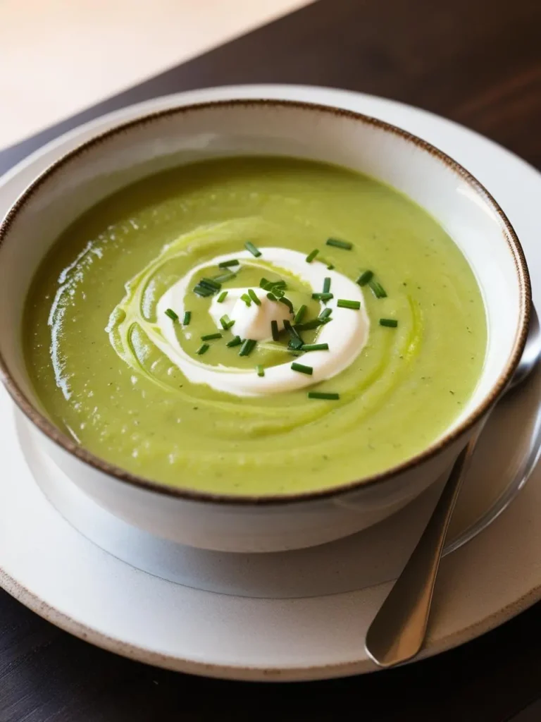 a bowl of vibrant green soup sits on a white plate, topped with a swirl of cream and chopped chives. a spoon rests beside the bowl. the soup is smooth and creamy, and the image is shot from above, showcasing the simple and elegant presentation. the background is a dark surface