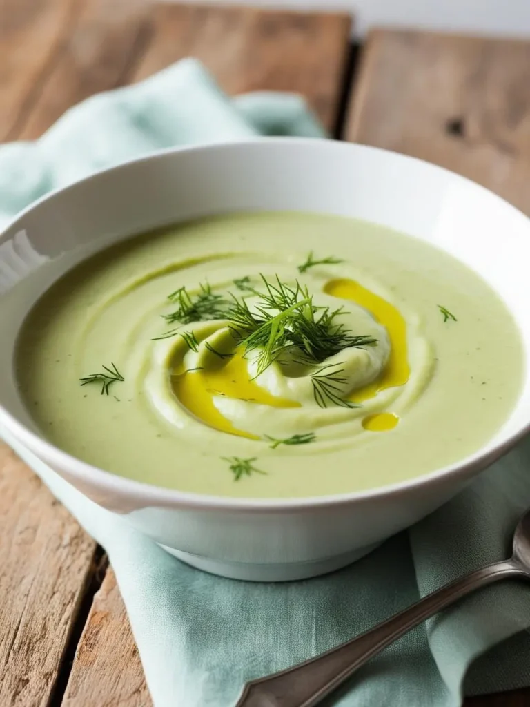 a white bowl filled with creamy, light green soup, likely cream of asparagus or zucchini, topped with fresh dill sprigs and a drizzle of olive oil. the bowl sits on a light green napkin, with a spoon beside it. the image is shot from a close angle, showcasing the smooth texture of the soup