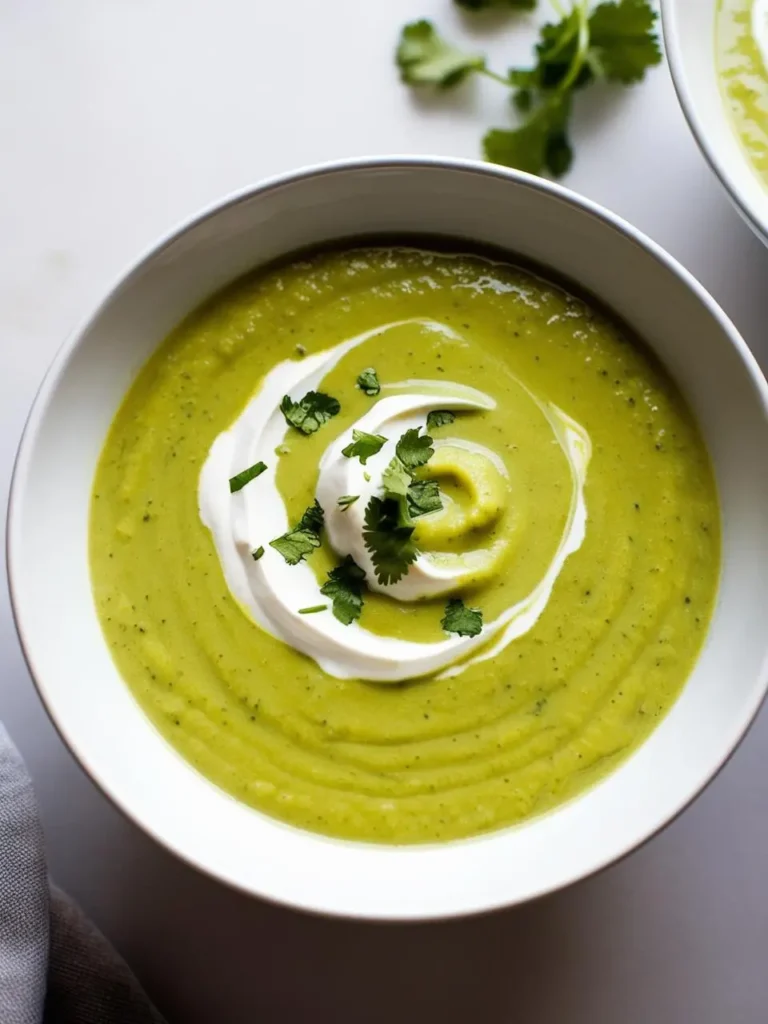 a bowl of bright green broccoli soup on a light surface. the soup has a swirl of cream and chopped cilantro on top. the bowl is white and has a wide rim. a light cloth napkin is visible. fresh cilantro is blurred in the background. the soup appears smooth and garnished. another bowl is partially visible