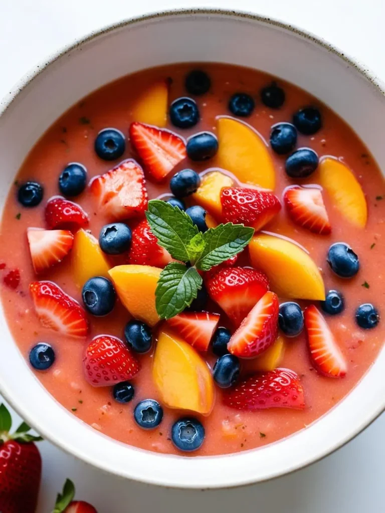 a bowl filled with a light pink fruit soup, topped with sliced strawberries, blueberries, and peaches. a sprig of mint rests in the center. the soup is shot from above, showcasing the colorful array of fruits. the bowl sits against a light background, highlighting the vibrant dish