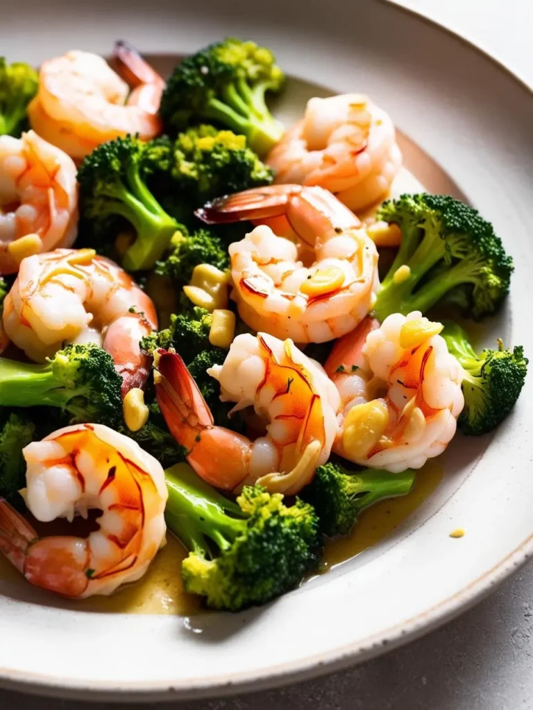 A plate of sautéed shrimp and broccoli with garlic and pine nuts. The shrimp are pink and cooked, and the broccoli florets are bright green