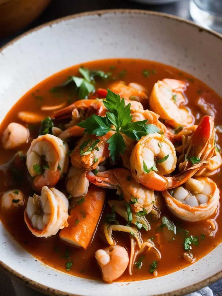 a bowl of cioppino, a seafood stew with shrimp, in a rich, red broth. fresh parsley garnishes the dish. the bowl has a speckled pattern and sits on a light surface. the stew is shot from a close angle, showcasing the textures and colors of the seafood. a glass is visible in the background