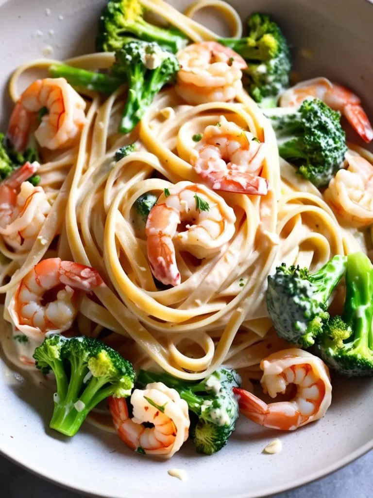 a bowl of shrimp and broccoli alfredo pasta. the pasta is fettuccine with a creamy white sauce. cooked shrimp and broccoli florets are arranged throughout. the shrimp are pink and curled. the broccoli is bright green. the bowl is light-colored with a dark rim. the dish appears rich and flavorful