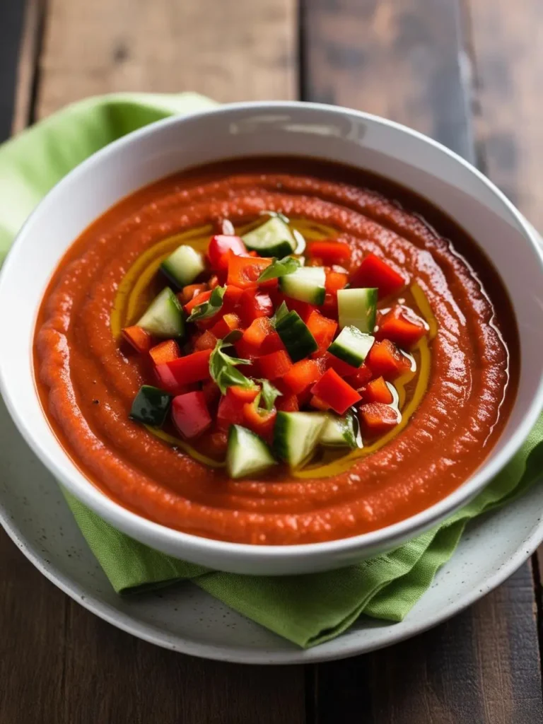 a white bowl filled with smooth, vibrant red gazpacho soup, topped with diced red peppers, cucumber, and a drizzle of olive oil. the bowl sits on a white plate, with a folded green napkin underneath. the dish is shot from above, showcasing the textures and colors of the refreshing soup