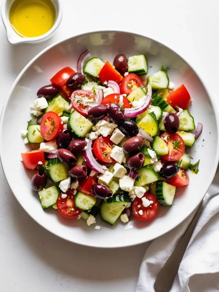 a greek salad on a white plate. the salad includes chopped cucumbers, tomatoes, red onions, feta cheese, and olives. a small bowl of dressing is in the upper left corner. a fork and a white cloth are visible in the bottom right. the salad is colorful and fresh. the background is light