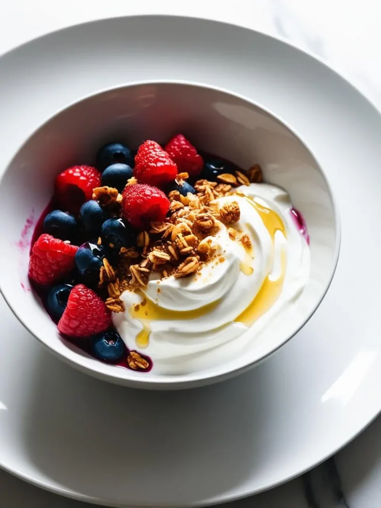 a white bowl filled with creamy greek yogurt, topped with fresh blueberries, raspberries, granola, and a drizzle of honey. the bowl sits on a white plate, with a marble surface visible in the background. the image is shot from above, highlighting the textures and colors of the healthy breakfast