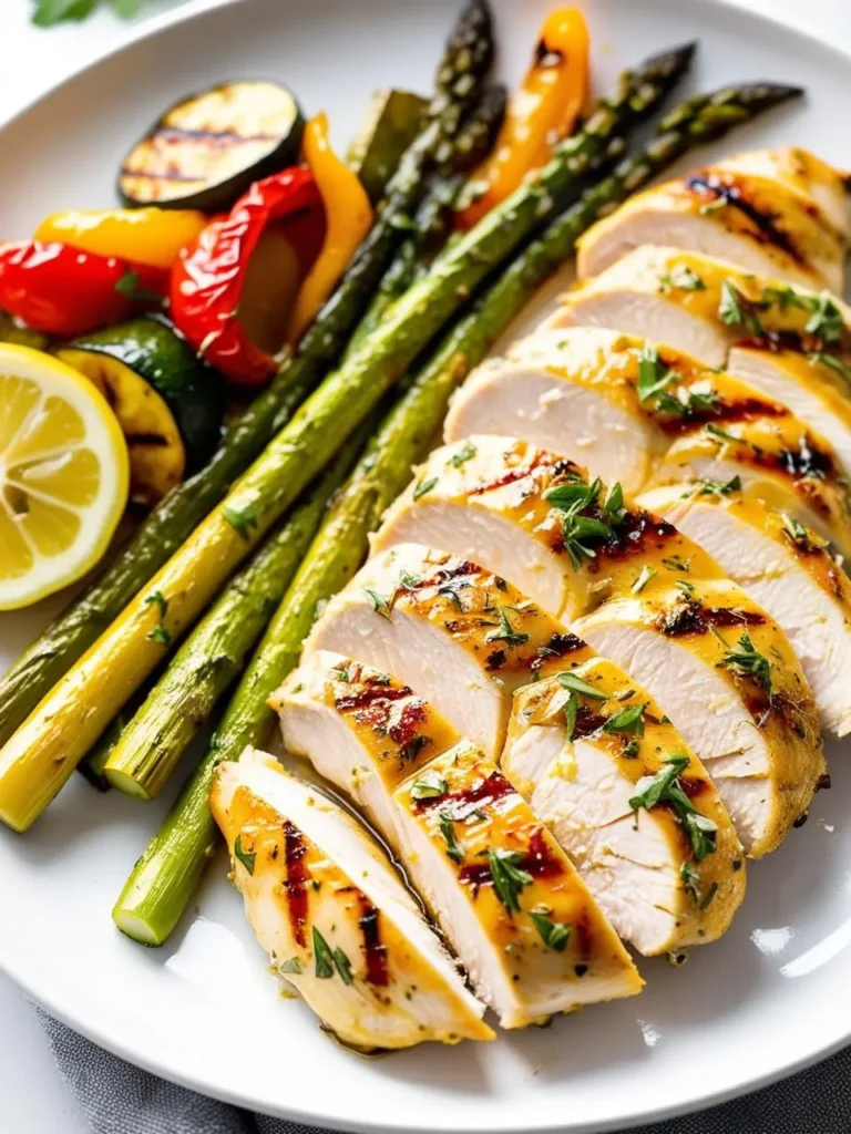 a white plate holds slices of grilled chicken breast, drizzled with a light sauce and herbs. grilled asparagus, zucchini, and bell peppers are arranged beside the chicken. a lemon half is placed on the side. the dish is shot from above, showcasing the textures and colors of the healthy meal