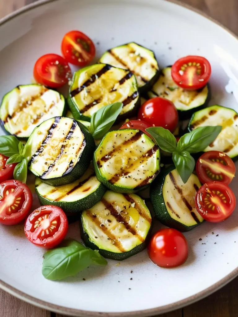 a speckled plate holds grilled zucchini slices with grill marks, interspersed with halved cherry tomatoes and fresh basil leaves. the zucchini is drizzled with oil and pepper. the plate rests on a wooden surface, viewed from above, showcasing the simple and colorful dish. the ingredients appear fresh and light