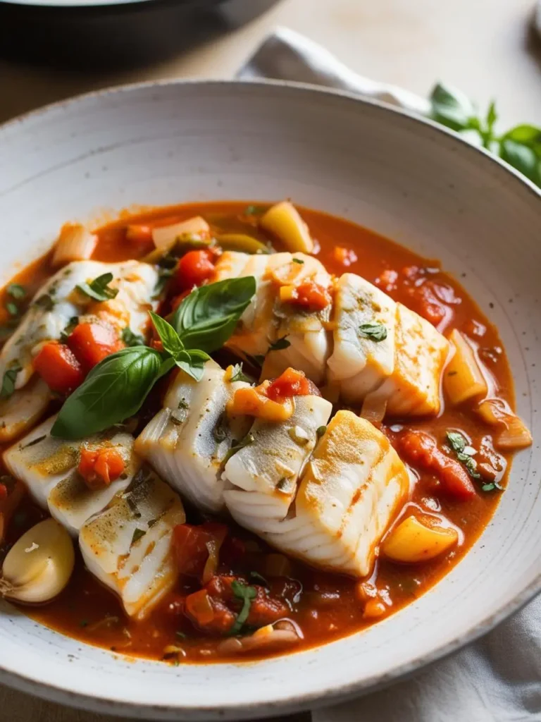 a bowl filled with baked cod in a herbed tomato and white wine sauce. the cod is flaky and white, surrounded by a rich red sauce with visible tomatoes and herbs. a basil leaf garnishes the dish. the bowl has a speckled pattern and sits on a light surface with a cloth napkin