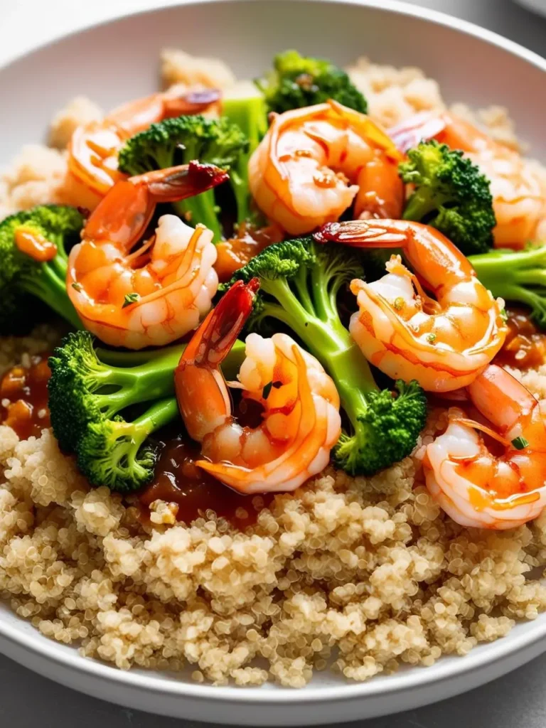 a bowl of shrimp and broccoli with quinoa. the shrimp are pink and cooked, arranged among bright green broccoli florets. a brown sauce is visible. the quinoa is cooked and fluffy. the bowl is light-colored with a dark rim. the meal appears healthy and colorful. a light surface is visible