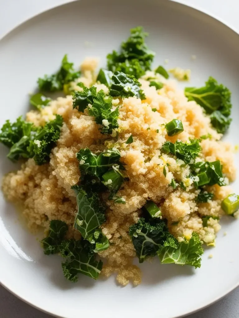 a plate of quinoa with kale on a white plate. the quinoa is cooked and fluffy. the kale is chopped and mixed with the quinoa. a light dressing is visible. the plate is round and white. the background is light. the quinoa and kale are the main focus. the dish appears simple and healthy