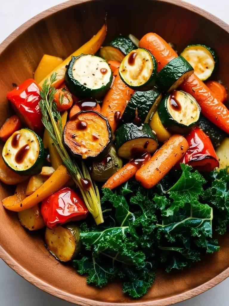 a wooden bowl filled with roasted vegetables, including carrots, zucchini, red peppers, and potatoes, topped with a dark sauce and fresh dill. a pile of vibrant green kale rests on the side. the bowl is viewed from above, showcasing the textures and colors of the healthy dish