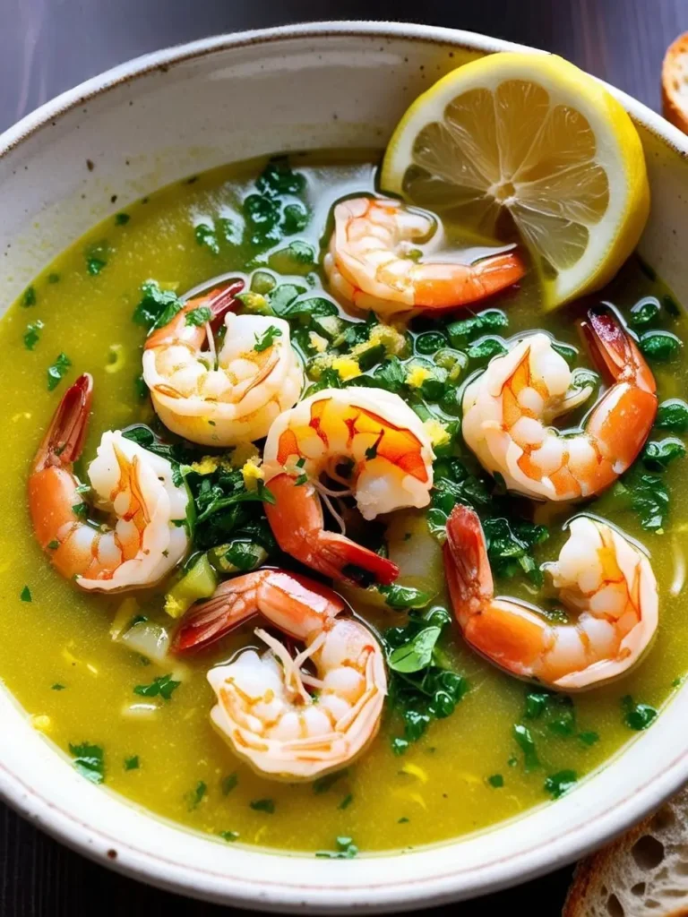 a bowl of shrimp soup with lemon and herbs on a dark surface. the soup includes cooked shrimp in a clear broth with chopped herbs. a lemon half is placed on top. the bowl is speckled and has a light rim. bread slices are visible. the shrimp are pink and curled. the soup appears light and flavorful