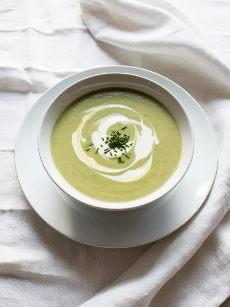 a bowl of creamy zucchini soup on a white plate and cloth. the soup is light green with a swirl of cream and chopped chives in the center. the bowl is white and has a wide rim. the cloth is white and wrinkled. the soup appears smooth and garnished. the scene is shot from directly above