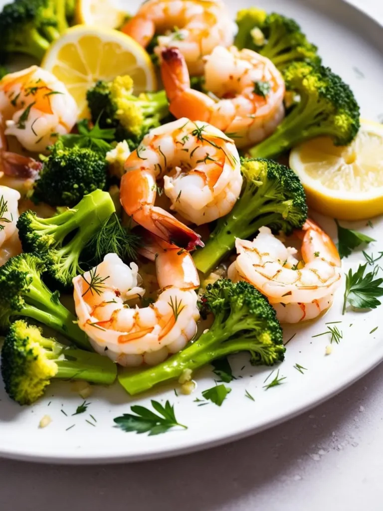 a plate of shrimp and broccoli with lemon wedges. the shrimp are pink and cooked, arranged among bright green broccoli florets. lemon slices are scattered around. fresh herbs are sprinkled over the dish. the plate is light-colored. the meal appears light and healthy