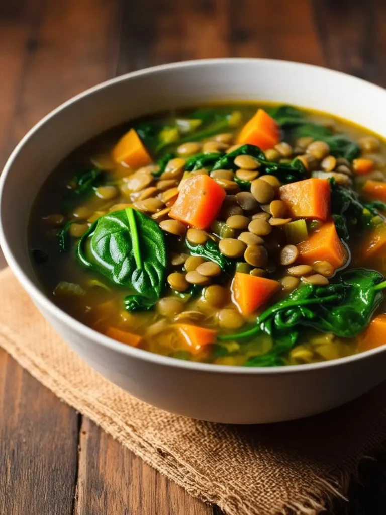 a white bowl filled with lentil soup, featuring green spinach leaves and orange sweet potato cubes. the soup has a clear broth and visible lentils. the bowl sits on a beige cloth napkin, placed on a wooden table. the image is shot from a close angle, showcasing the textures of the soup