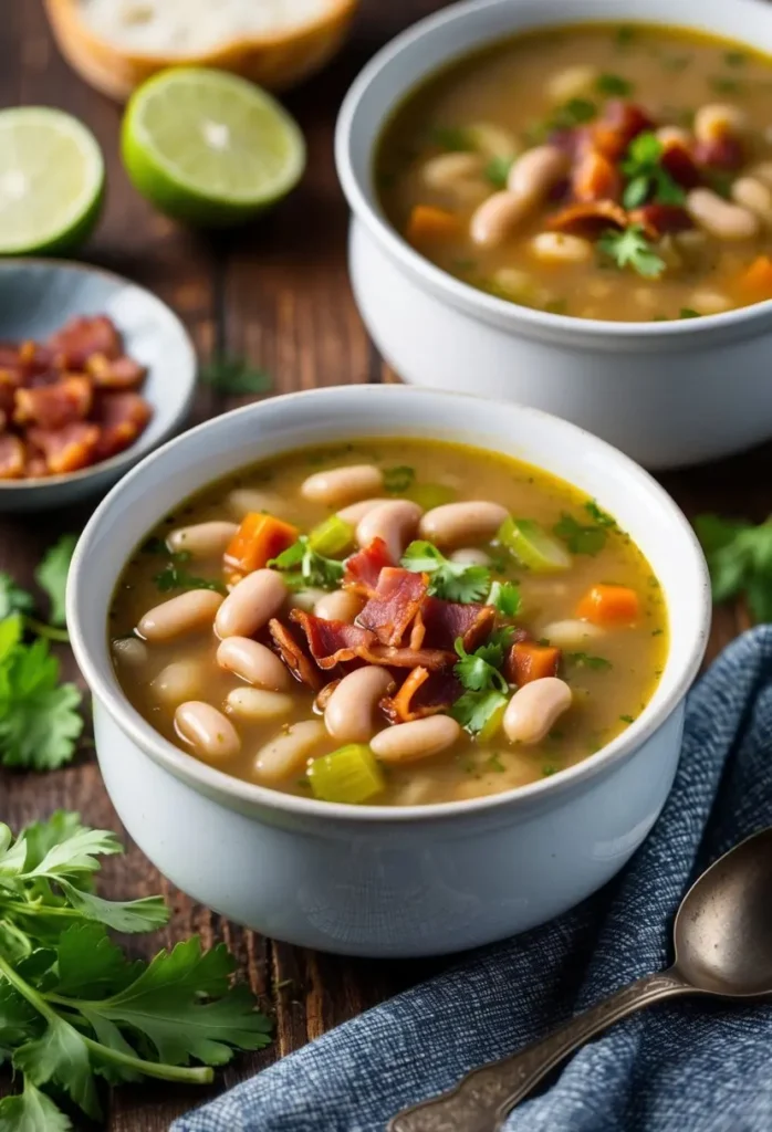 two bowls of white bean soup with visible vegetables and bacon pieces. a blue napkin and a spoon are beside the front bowl. a small plate with lime wedges and bacon is in the background. the soup is shot from a close angle, showcasing the textures and ingredients. fresh herbs are visible