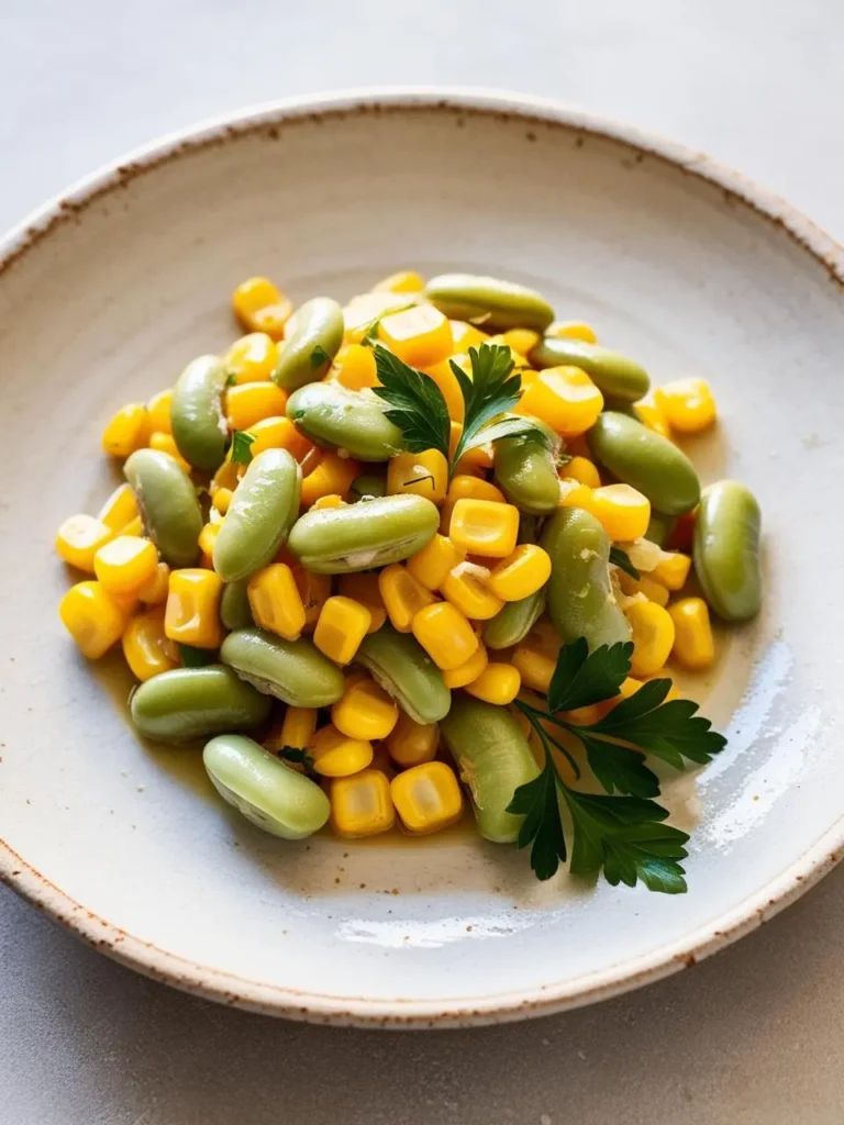 a speckled plate holds a mixture of lima beans and corn kernels, garnished with parsley sprigs. the beans are light green, and the corn is yellow. the dish is shot from above, showcasing the simple and colorful ingredients. the plate rests on a light surface