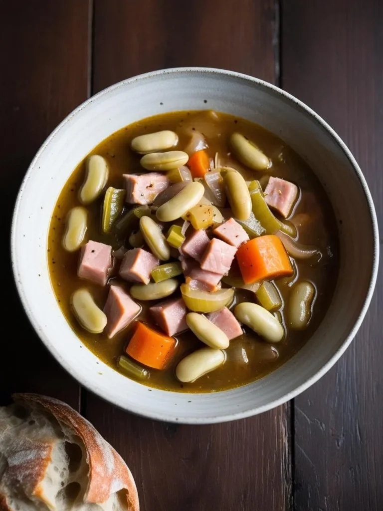 a bowl of ham and bean soup, featuring white beans, diced ham, carrots, and celery in a light broth. the soup is presented in a speckled bowl on a dark wooden surface. a slice of bread is visible in the corner. the image is shot from above, showcasing the simple and hearty dish