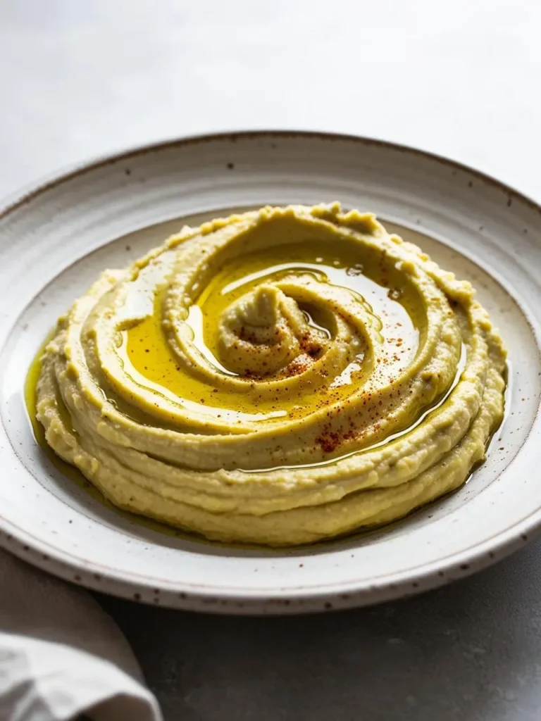 a speckled plate holds a swirl of light green hummus, drizzled with olive oil and sprinkled with paprika. the hummus has a smooth texture and a slight sheen. the plate sits on a light surface, with a cloth napkin visible on the side. the image is shot from above