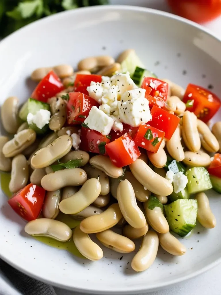 a white plate holds a bean salad with white beans, diced tomatoes, cucumbers, and crumbled feta cheese. the salad is lightly dressed and garnished with fresh herbs. the plate sits on a light surface with a cloth napkin. the image is shot from a close angle, showcasing the fresh ingredients