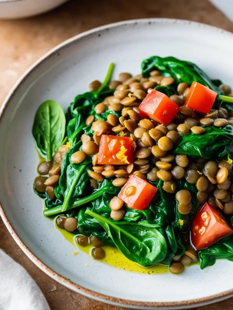 a shallow, speckled white bowl holds a vibrant salad of green spinach, brown lentils, and bright red diced tomatoes. a drizzle of golden oil and flecks of yellow zest add to the dish's allure. the bowl sits on a textured surface, with a glimpse of another bowl in the background