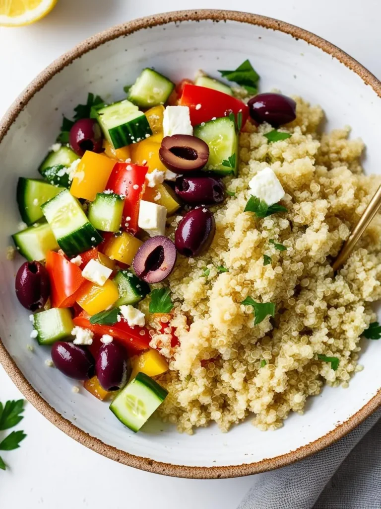 a bowl filled with fluffy quinoa and a colorful mix of diced cucumbers, bell peppers, tomatoes, feta cheese, and olives. a golden spoon rests inside. the bowl is shot from above, showcasing the textures and colors of the mediterranean-inspired salad. a lemon half is visible in the corner