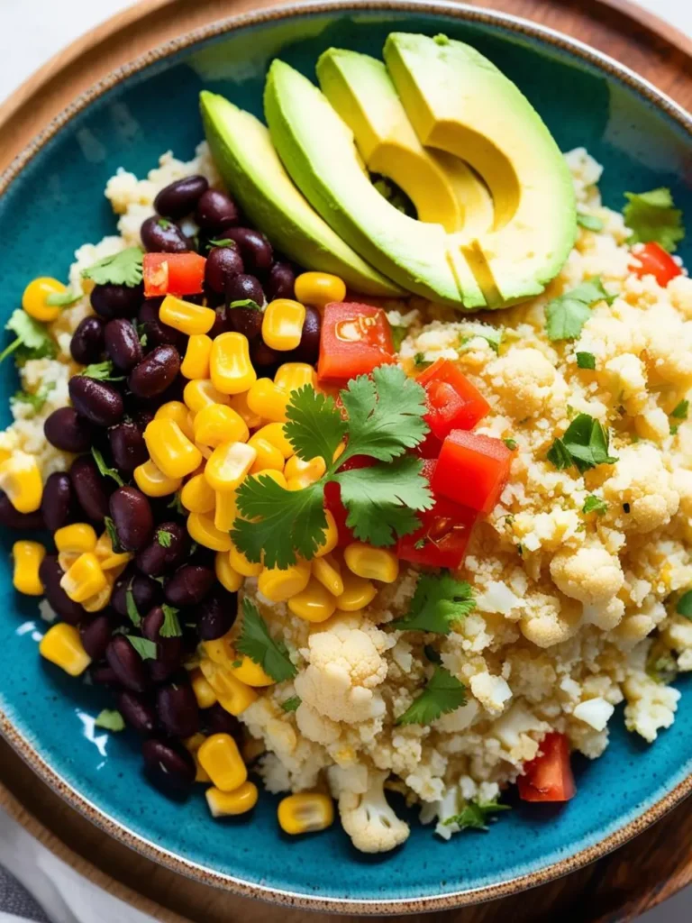 a vibrant blue bowl holds a colorful mix of cauliflower rice, black beans, corn, diced tomatoes, cilantro, and sliced avocado. the ingredients are neatly arranged, showcasing their textures and colors. the bowl sits on a wooden tray, viewed from above, highlighting the fresh and healthy dish