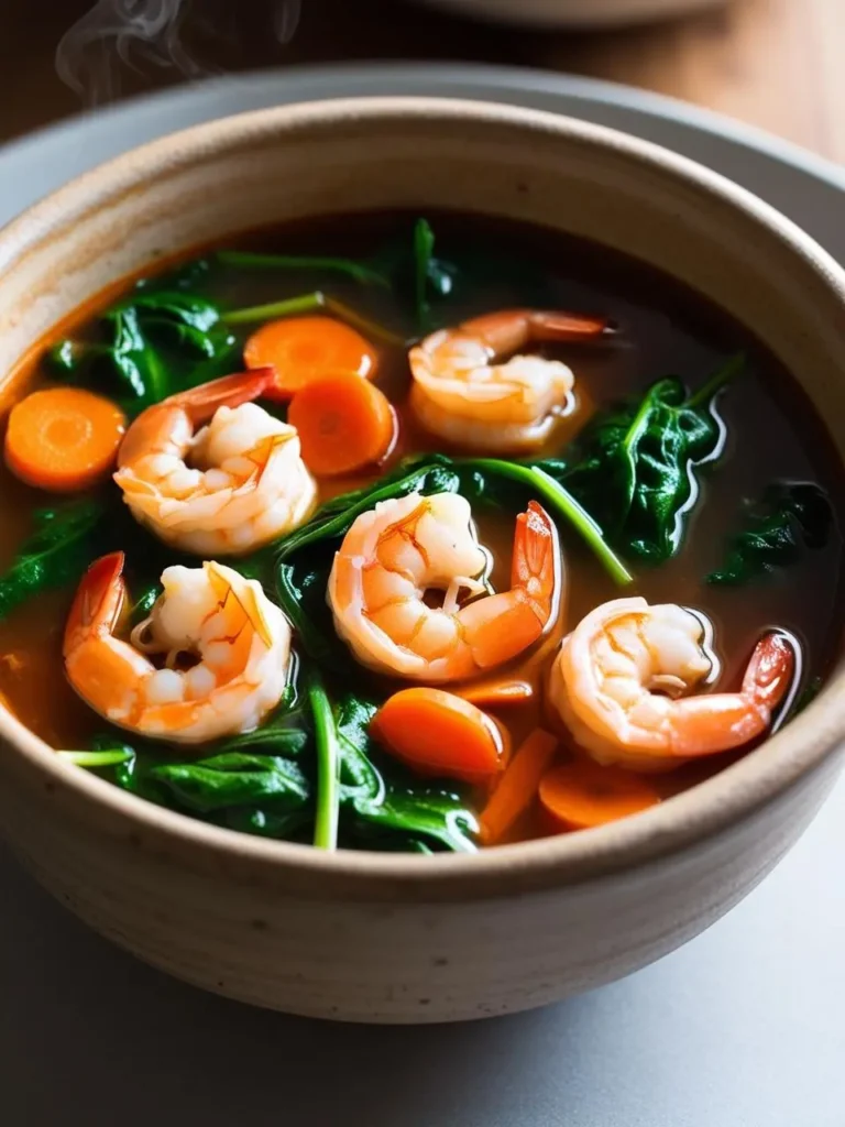 a bowl of shrimp soup with spinach and carrots. the soup includes cooked shrimp, spinach leaves, and sliced carrots in a clear broth. steam is rising from the bowl. the bowl is speckled and has a dark rim. the shrimp are pink and curled. the soup appears light and healthy