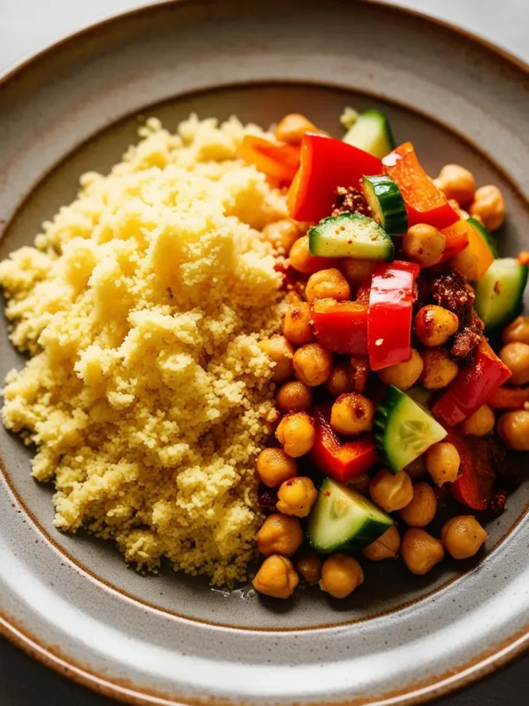 a speckled plate holds a mound of fluffy couscous alongside a medley of chickpeas, red peppers, and cucumber slices. the dish is presented simply, showcasing the textures and colors of the ingredients. the plate sits on a dark surface, viewed from above, highlighting the fresh and healthy meal