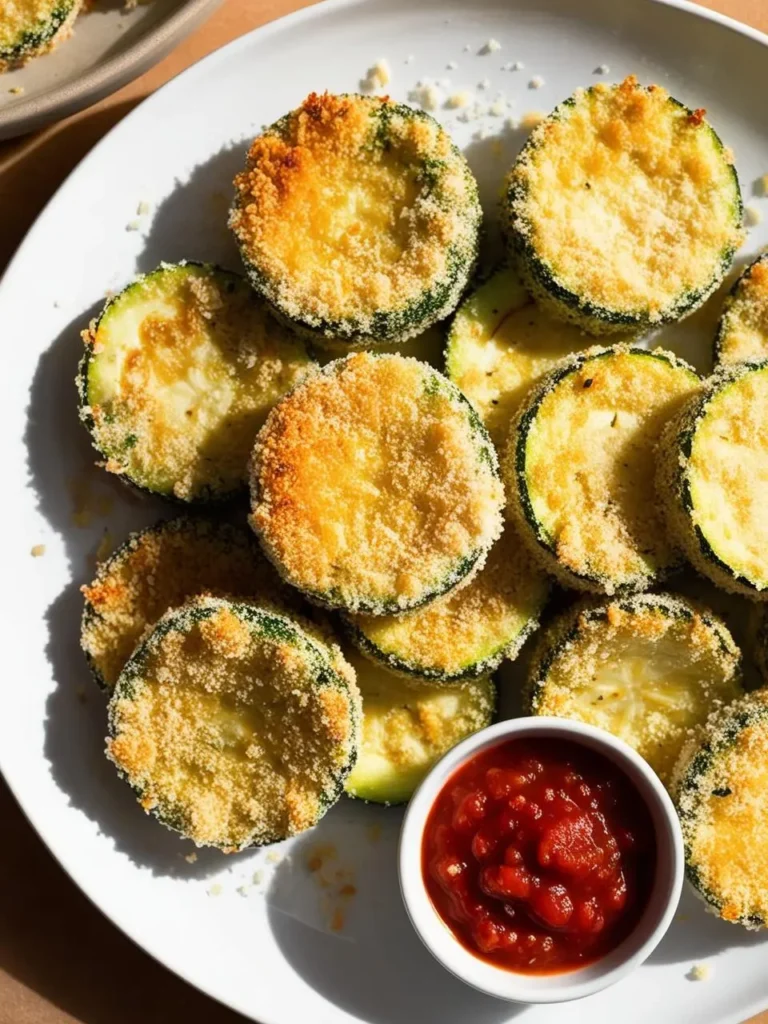 a white plate filled with circular zucchini slices, coated in breadcrumbs and baked to a golden brown. a small white bowl of red sauce sits on the plate. the zucchini chips are arranged in a scattered pattern, and the plate is viewed from above, showcasing the textures and colors of the dish