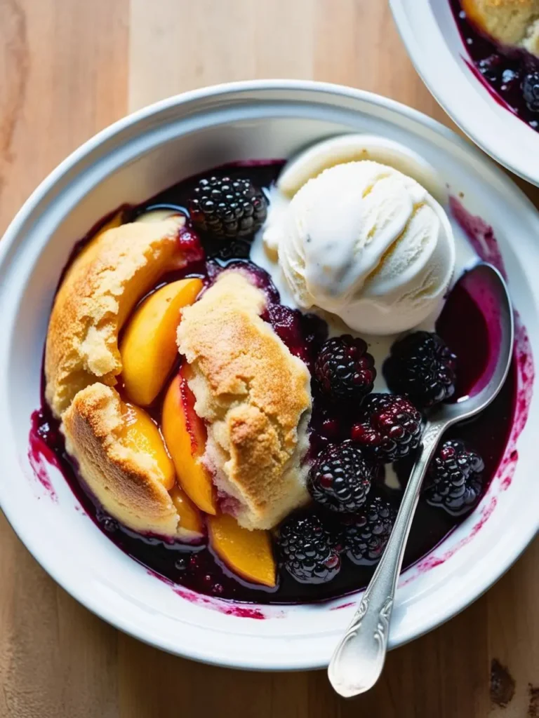 two bowls of peach and blackberry cobbler on a wooden table. the cobbler includes biscuits, sliced peaches, and blackberries in a dark sauce. a scoop of ice cream is on top. a spoon is in one bowl. the bowls are white. the table has a light wood grain. the cobbler appears warm and fruity