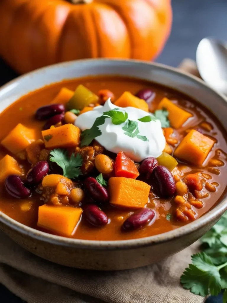 a bowl of pumpkin chili on a dark cloth. the chili includes chunks of pumpkin, kidney beans, chickpeas, and vegetables in a reddish-brown broth. a dollop of sour cream and cilantro leaves are on top. a pumpkin is blurred in the background. a spoon is visible. the bowl is speckled and has a dark rim