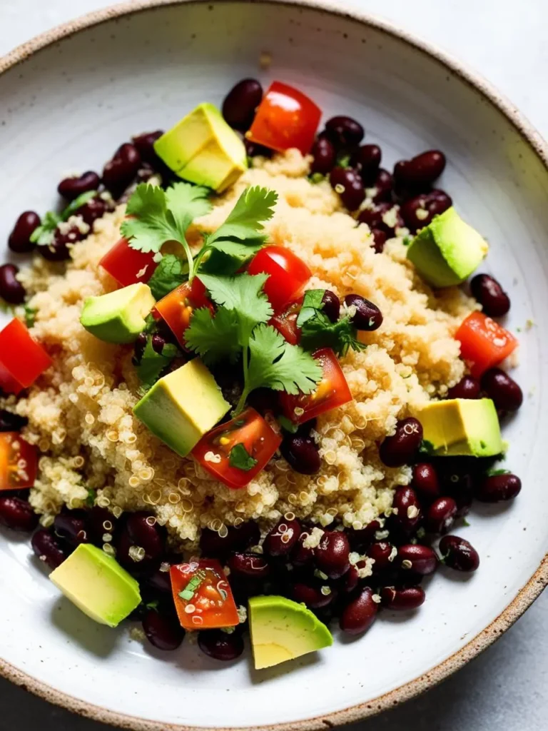 a close-up shot of a white bowl filled with quinoa, black beans, diced tomatoes, avocado, and cilantro. the bowl is slightly tilted, showing the texture of the quinoa and the vibrant colors of the ingredients. the dish is presented in a simple, rustic style