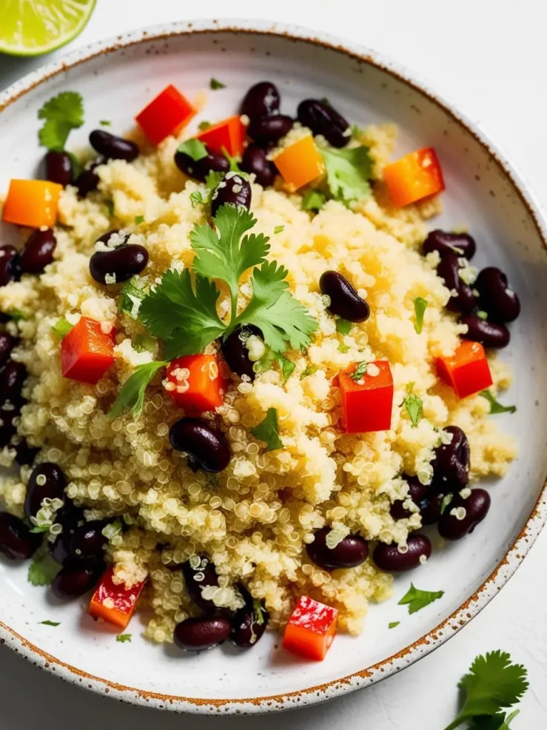 a white bowl holds a mound of fluffy quinoa, surrounded by black beans, diced orange bell peppers, and fresh cilantro leaves. a lime wedge is visible in the corner. the bowl is shot from above, showcasing the textures and colors of the healthy and vibrant quinoa salad