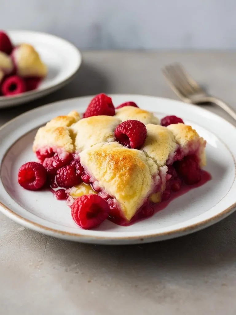 two plates of raspberry cobbler on a light surface. the cobbler has a golden brown, biscuit-like topping and visible raspberries. a red sauce is visible. a fork is on one plate. the plates are white with gray rims. the cobbler appears warm and fruity. the background is blurred