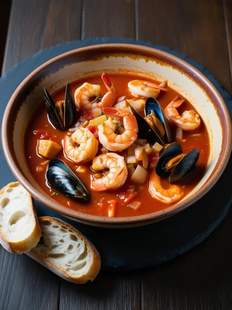 a bowl of cioppino, a seafood stew with shrimp, mussels, and vegetables in a rich tomato broth. slices of bread rest beside the bowl on a dark slate plate. the stew is shot from above, showcasing the colorful ingredients and textures. the bowl sits on a wooden table