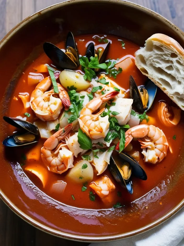 a bowl of cioppino, a seafood stew with shrimp, mussels, and fish in a rich tomato-based broth. a slice of bread rests beside the bowl. the stew is shot from above, showcasing the colorful ingredients and textures. the bowl sits on a wooden surface, with a white cloth visible