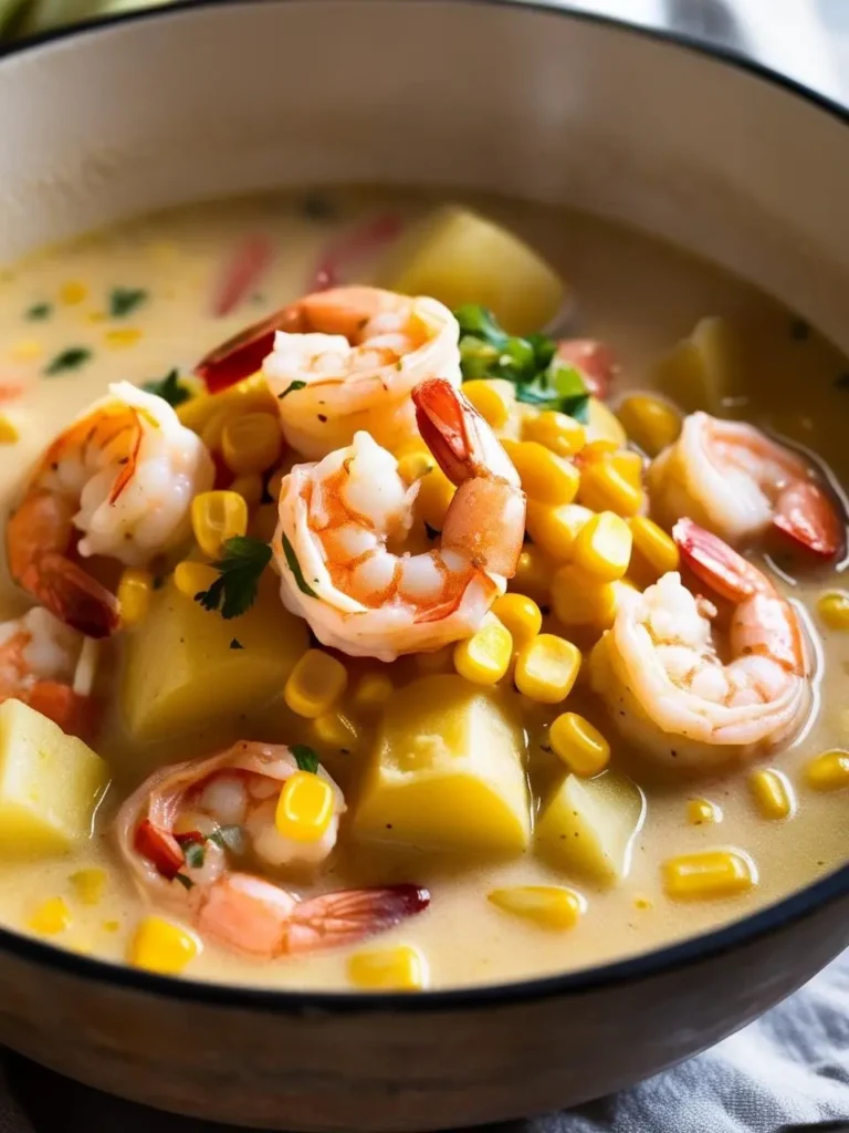 a bowl of shrimp and corn chowder. the chowder includes cooked shrimp, corn kernels, and diced potatoes in a creamy broth. chopped herbs are sprinkled on top. the bowl is dark with a light rim. a light cloth is visible. the shrimp are pink and curled. the chowder appears thick and hearty