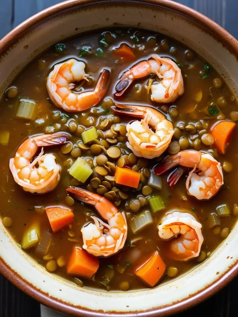 a bowl of lentil soup with shrimp, carrots, and celery. the soup includes cooked shrimp, green lentils, diced carrots, and celery in a dark broth. the bowl is speckled and has a dark rim. the shrimp are pink and curled. the vegetables are colorful. the soup appears hearty and flavorful