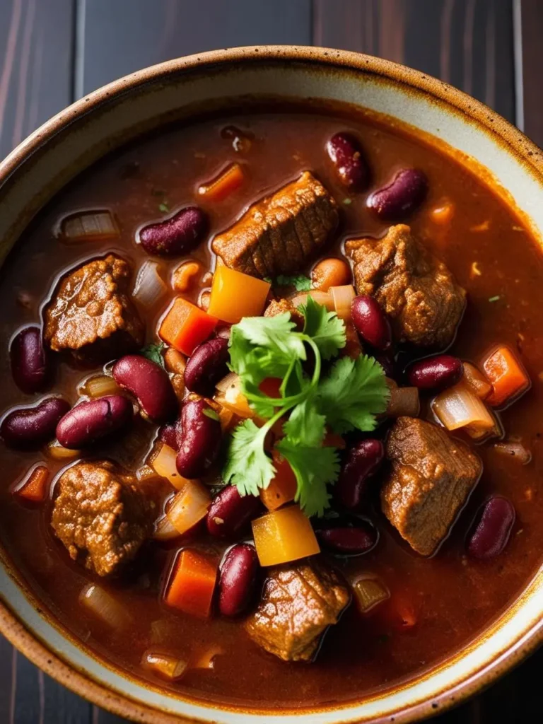 a bowl of beef chili on a dark wooden table. the chili includes chunks of beef, red kidney beans, carrots, and onions in a red broth. a sprig of cilantro is placed on top. the bowl is brown with a light rim. the surface is dark wood. the chili appears hearty and warm