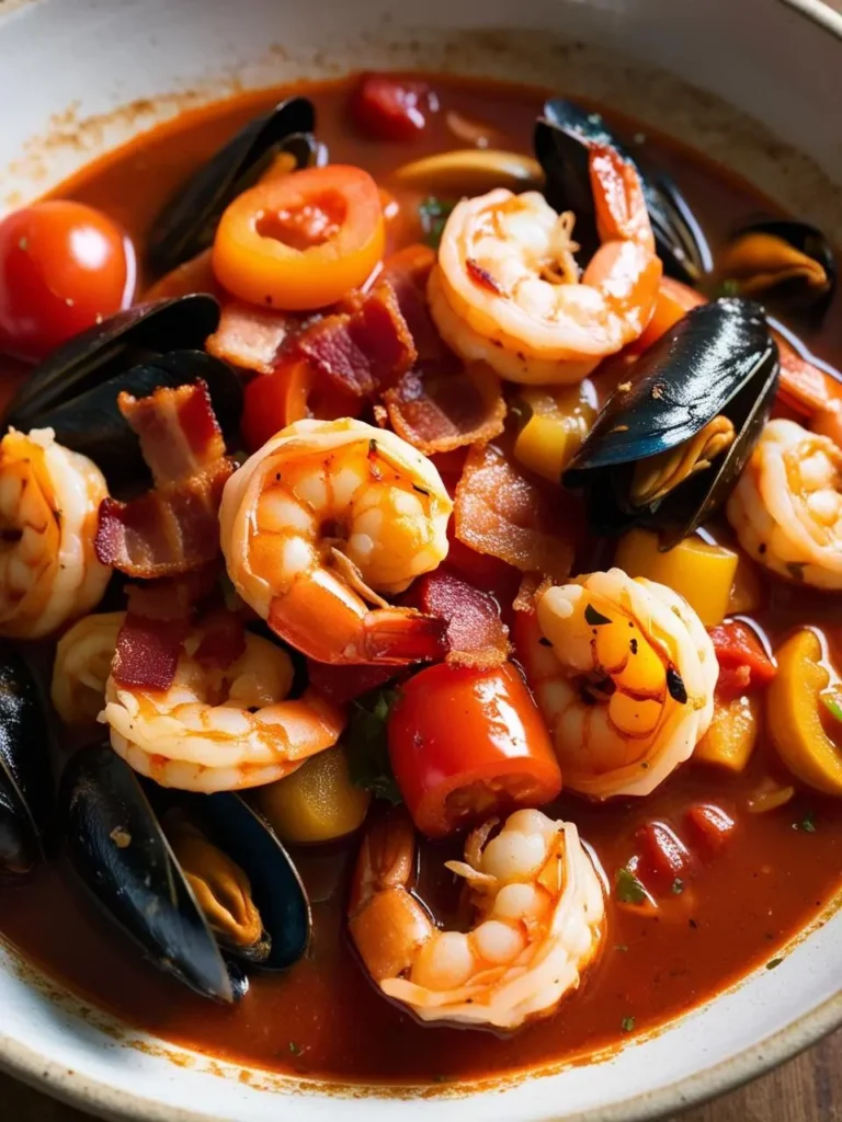 a bowl of cioppino, a seafood stew with shrimp, mussels, tomatoes, and bacon in a rich broth. the stew is shot from a close angle, showcasing the colorful ingredients. the bowl has a speckled pattern. the shrimp are arranged around the bowl, and the mussels are nestled among the tomatoes