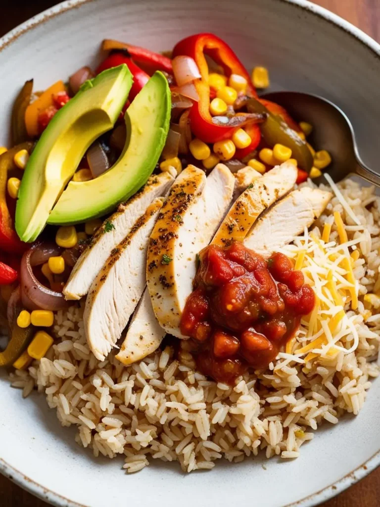 a white bowl filled with brown rice, topped with sliced grilled chicken, salsa, shredded cheese, corn, sautéed peppers and onions, and avocado slices. a spoon rests inside. the bowl is viewed from above, showcasing the colorful ingredients and textures of the dish. the background is a dark surface