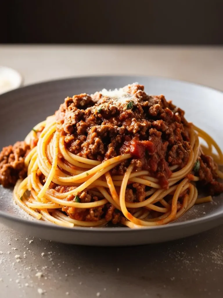 a grey plate holds a serving of spaghetti topped with a rich, red meat sauce. the spaghetti is neatly coiled, and the sauce is chunky with ground meat. a light dusting of parmesan cheese is visible on top. the plate sits on a neutral surface, with a glimpse of another bowl in the background