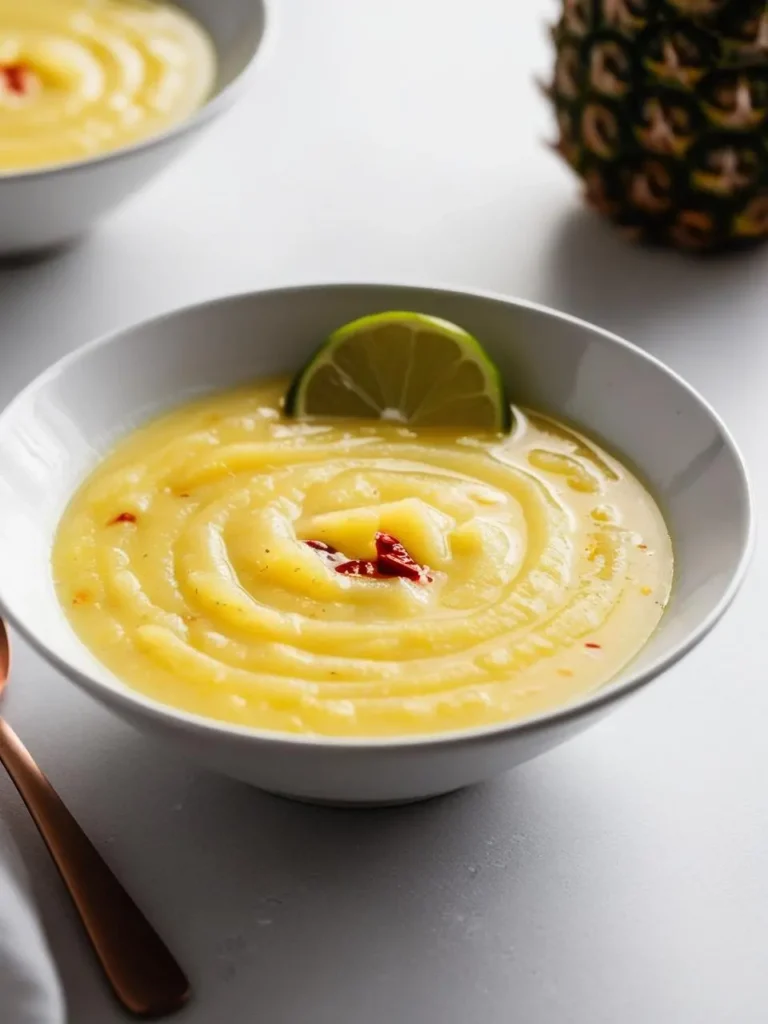 a white bowl filled with creamy, light yellow soup, likely pineapple or coconut, garnished with a lime slice and red pepper flakes. the soup has a smooth texture with a slight swirl. a pineapple is visible in the background. the image is shot from a close angle, showcasing the simple and elegant presentation