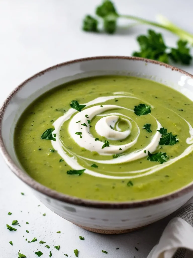 a bowl of bright green pea soup on a light surface. the soup has a swirl of cream and chopped parsley on top. the bowl is speckled and has a dark rim. a light cloth napkin is visible. fresh herbs are blurred in the background. the soup appears smooth and garnished