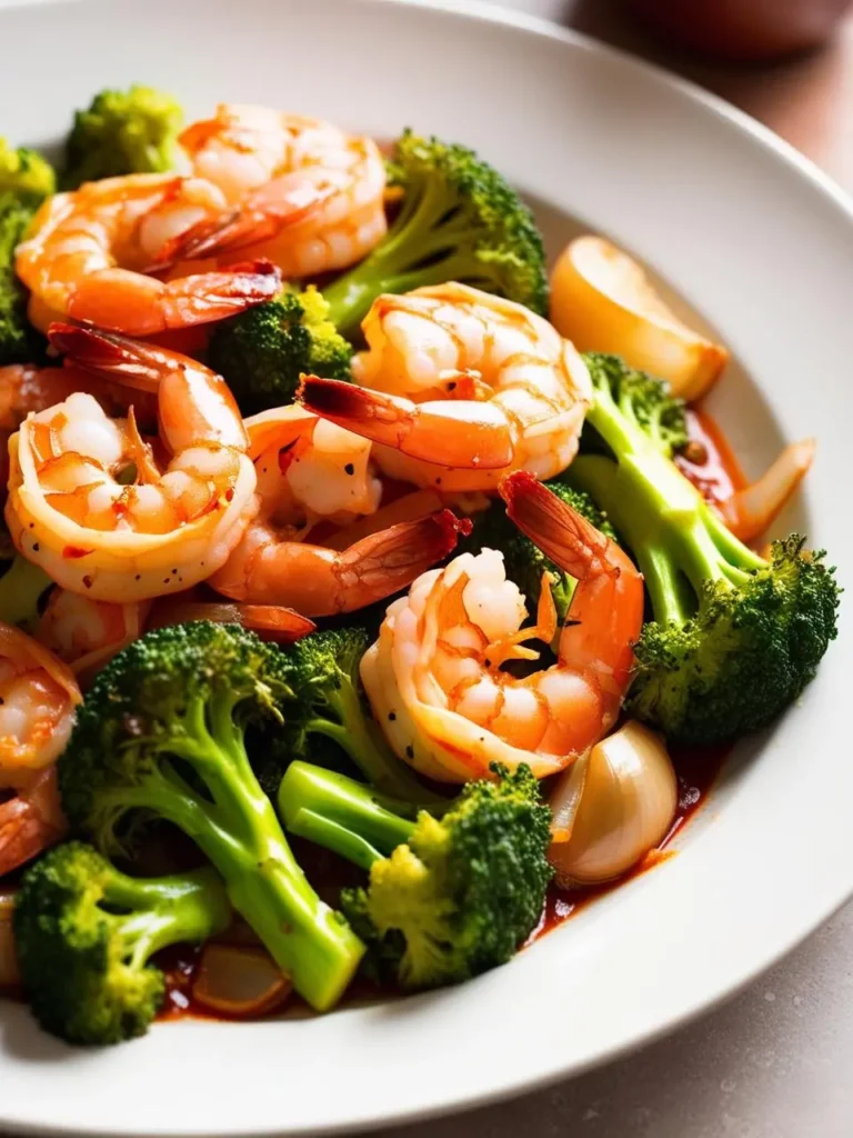 a plate of shrimp and broccoli stir-fry. the shrimp are pink and cooked, arranged among bright green broccoli florets. a reddish sauce is visible. garlic cloves are scattered. the plate is light-colored. the meal appears flavorful and colorful. a dark surface is visible in the background