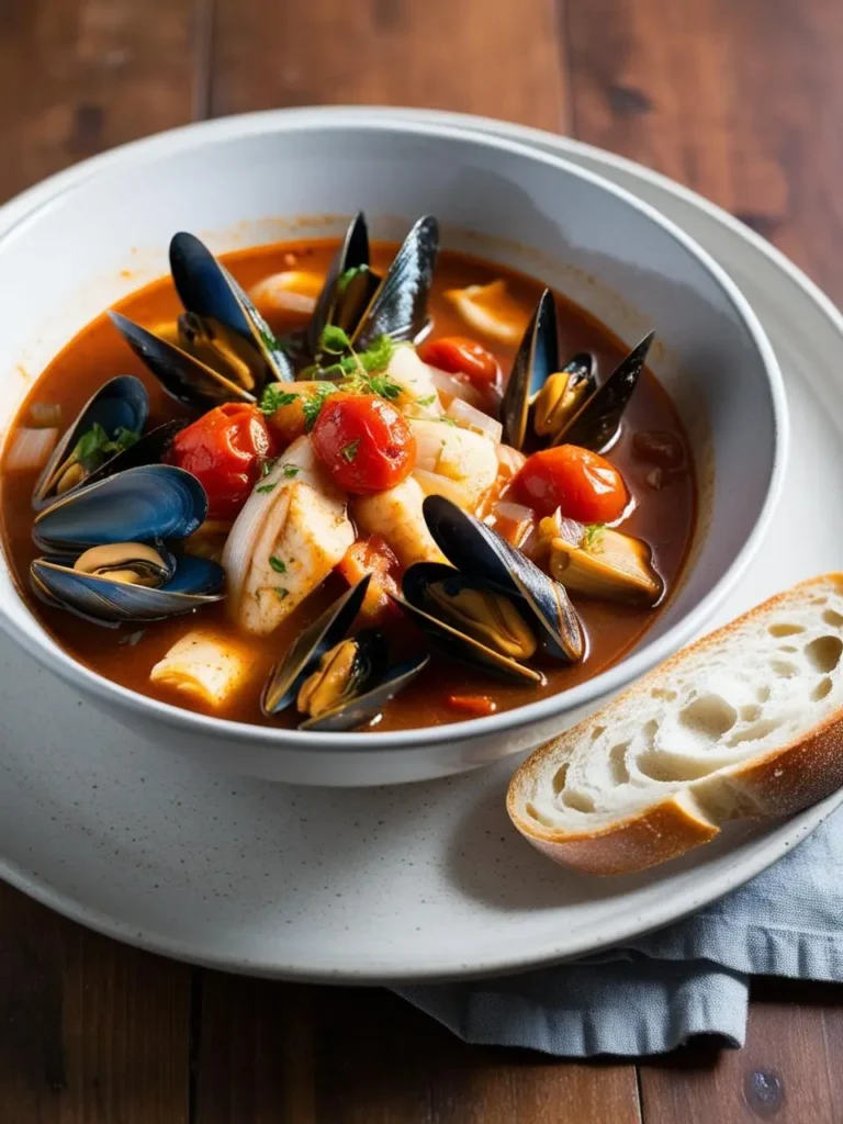 a bowl of cioppino, a seafood stew with mussels, fish, and tomatoes in a rich broth. a slice of bread rests beside the bowl on a speckled plate. the stew is shot from a close angle, showcasing the textures and colors of the seafood. a blue napkin is visible