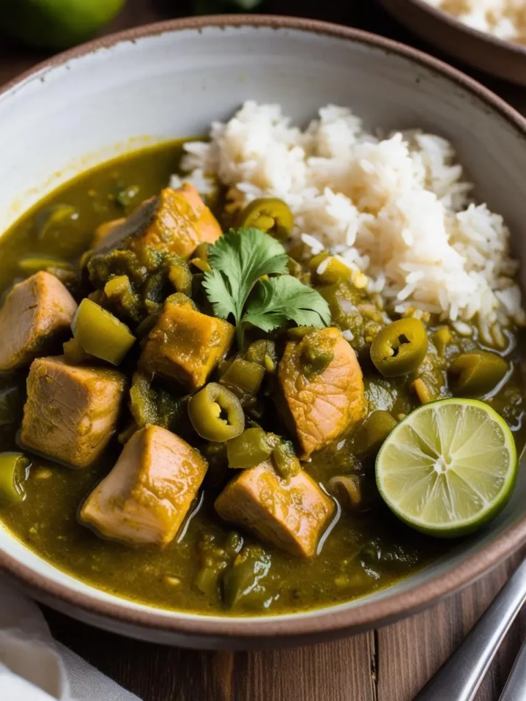 a bowl of green chicken chili with rice on a wooden table. the chili includes chunks of chicken, green peppers, and jalapeños in a green broth. a scoop of white rice is on the side. a lime wedge is visible. a cilantro leaf is on top. a spoon and fork are blurred. the bowl is speckled